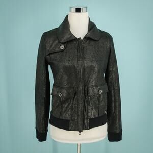 Armani Exchange Size Small S Black Faux Leather Moto Full Zip Cotton Jacket